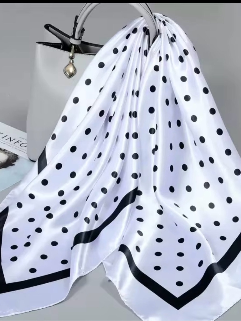 Luxury Polka Dot Satin Scarf - White & Black